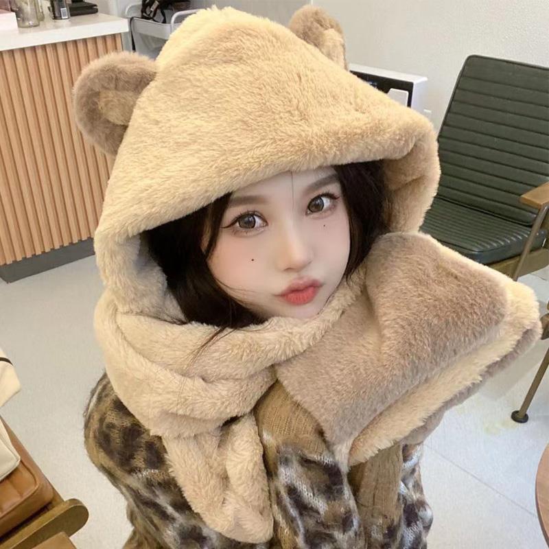 Mũ Trùm Đầu Kèm Khăn Choàng Cổ Và Găng Tay Bằng Vải Bông Dày Chống Lạnh Hình Tai Gấu Dễ Thương Phong Cách Hàn Quốc