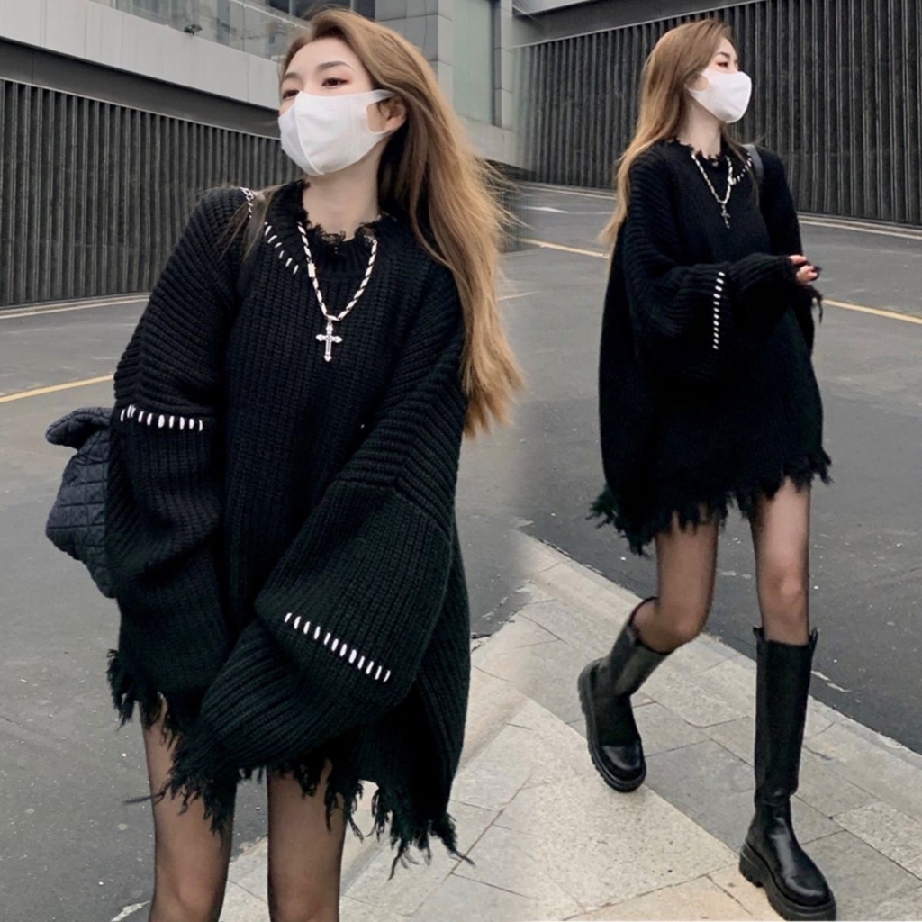 Áo Sweater Dệt Kim Dáng Rộng Màu Đen Phối Tua Rua Dày Dặn Cỡ Lớn Thời Trang Thu Đông Cho Nữ Lên Đến 200kg