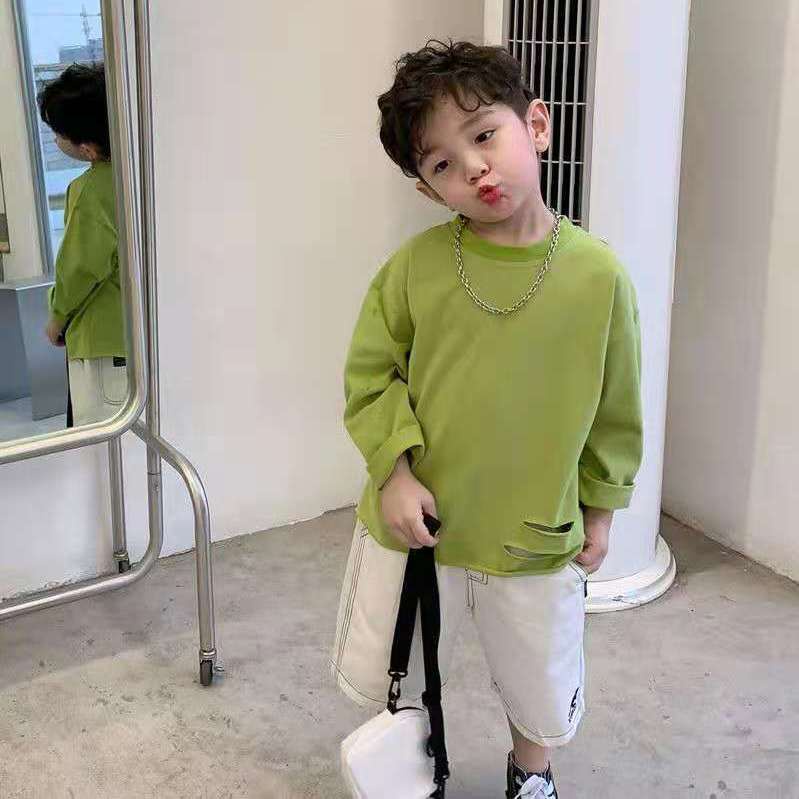 Áo Thun Cotton Tay Dài Phối Rách Thoáng Khí Thoải Mái Dễ Phối Đồ Thời Trang Xuân Thu Cho Bé Trai