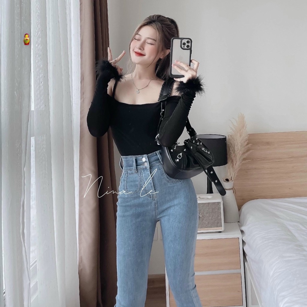 Áo thun kiểu nữ dáng ngắn croptop tay dài phối lông vũ kiểu 2 dây chất thun gân nổi xinh xắn