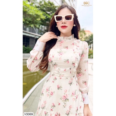 V3069 váy voan xoè hoa màu be dài tay