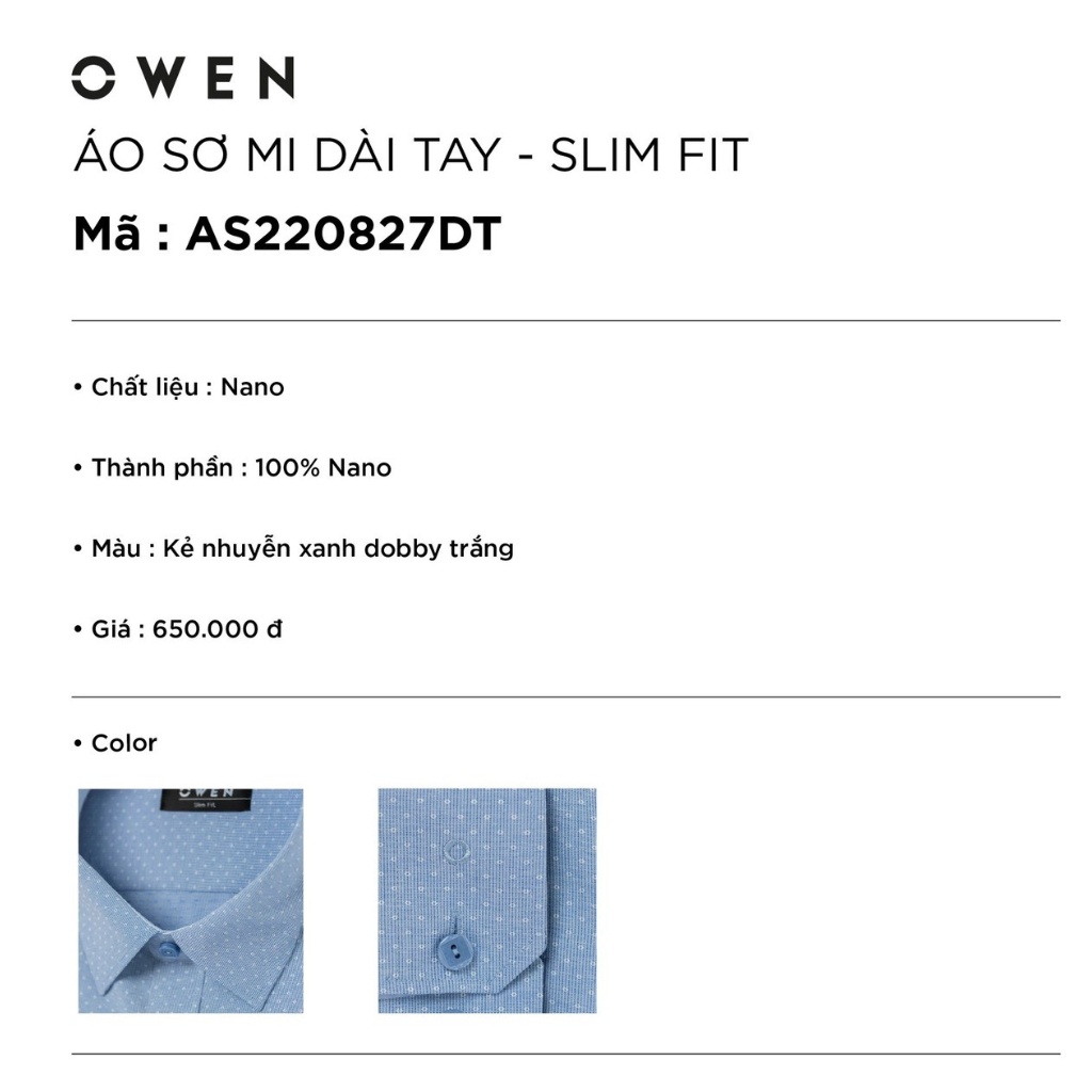 Áo Sơ Mi Dài Tay Nam OWEN AS220827DT Somi Công Sở Vải Nano Cao Cấp Màu Xanh Kẻ Chấm trắng Dáng Slim Fit Không Túi