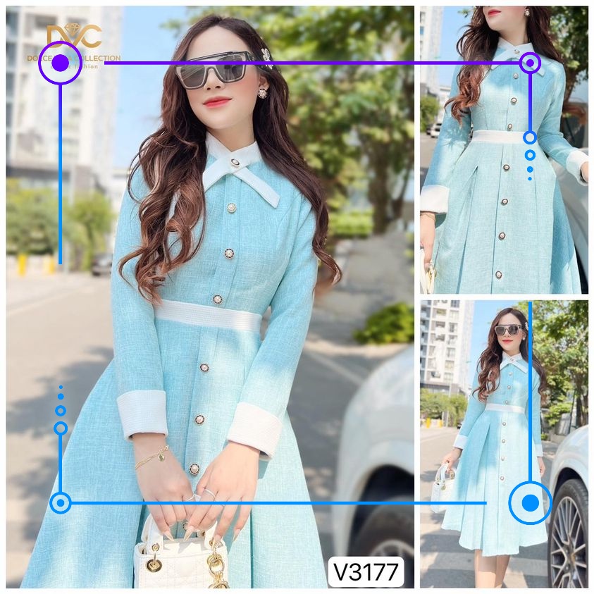 Váy xòe xanh mint cổ nơ tay dài phối trắng siêu xinh V3177