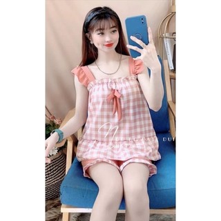 Đồ bộ lửng chất kate lụa sọc caro phối nơ trẻ trung