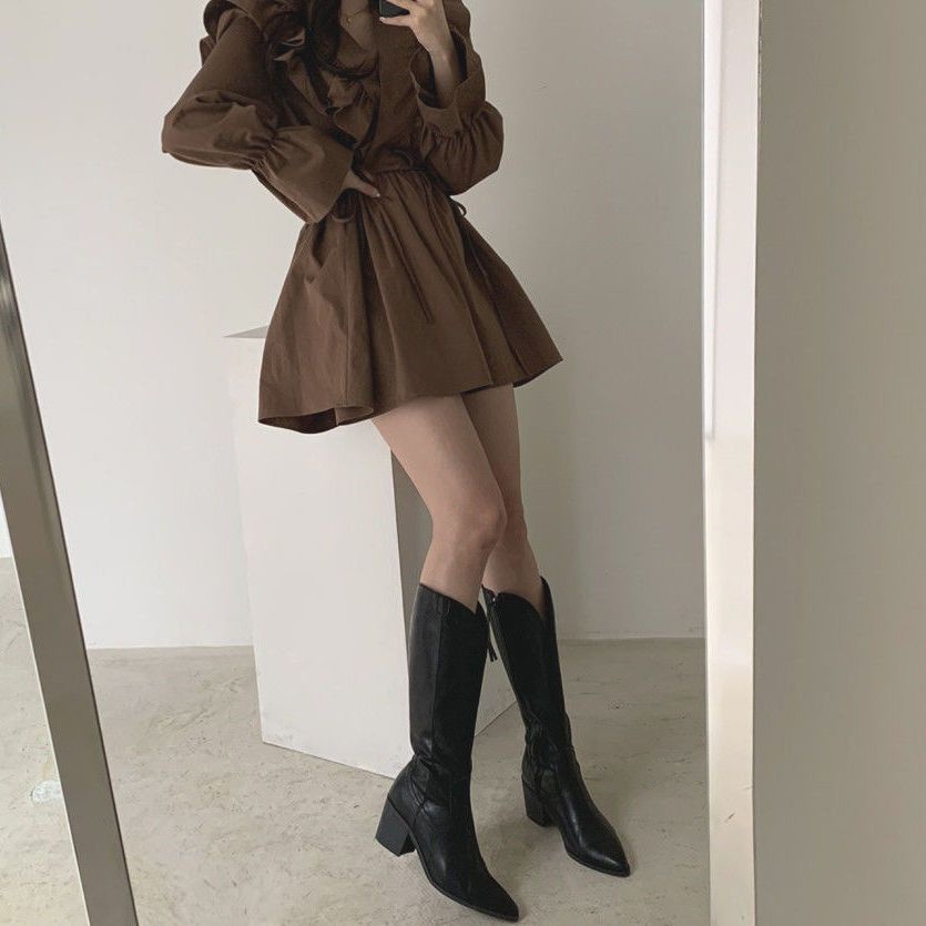 Đầm Tay Loe Ngắn Cổ Chữ V Phối Bèo Xinh Xắn Thời Trang Theo Phong Cách Hàn Quốc