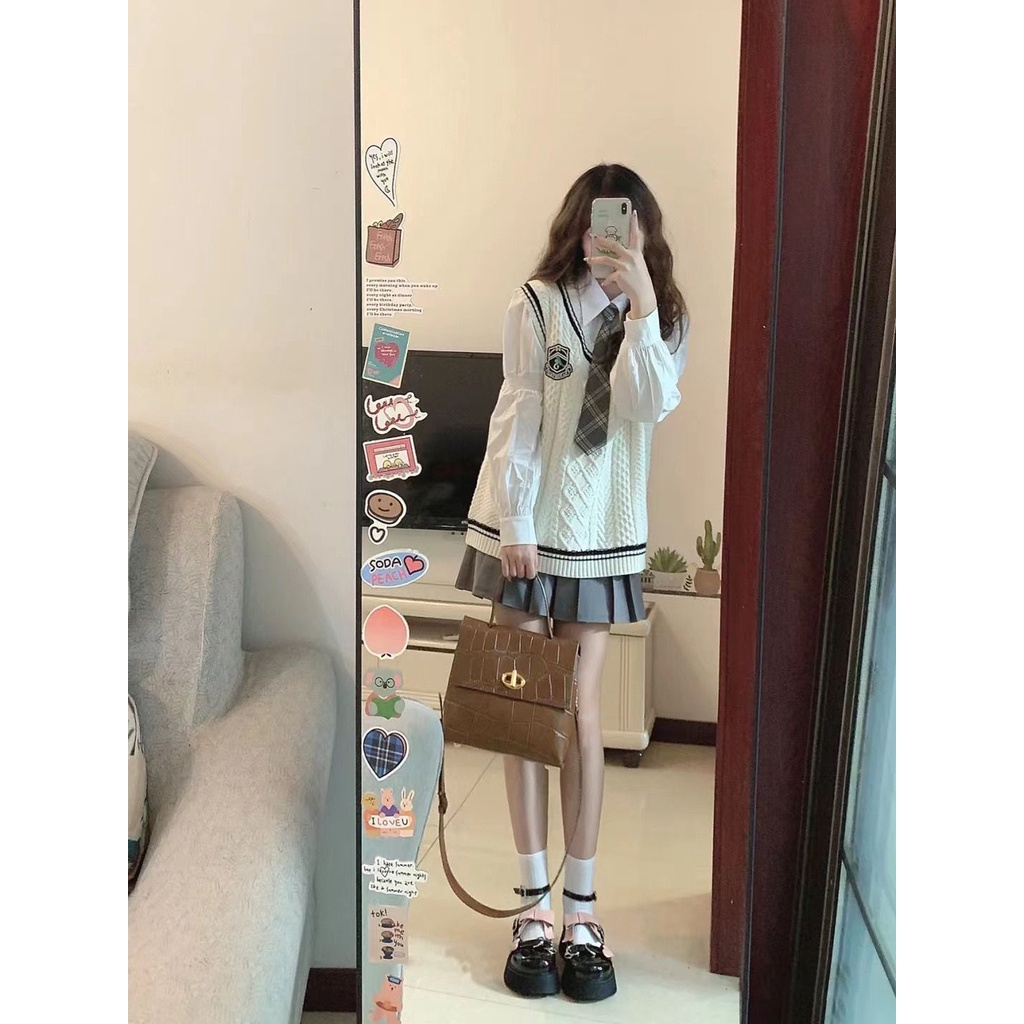 Bộ Áo Dệt Kim + Chân Váy Xếp Ly Lưng Cao Phong Cách Preppy Thời Trang Mùa Thu Hàng Mới 2022 Dành Cho Bạn Nữ