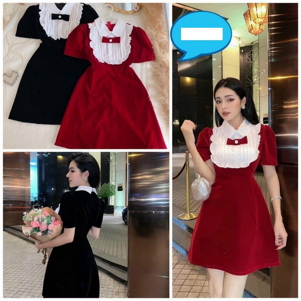 Xả Váy Nhung Cổ Nơ Pha Bèo Trắng nữ .