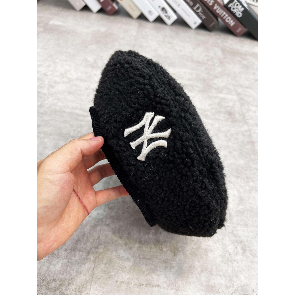 Nón Beret Chất Lông Cừu Màu Trắng Ngà/Đen Thêu Logo NY Dn.Storevnxk