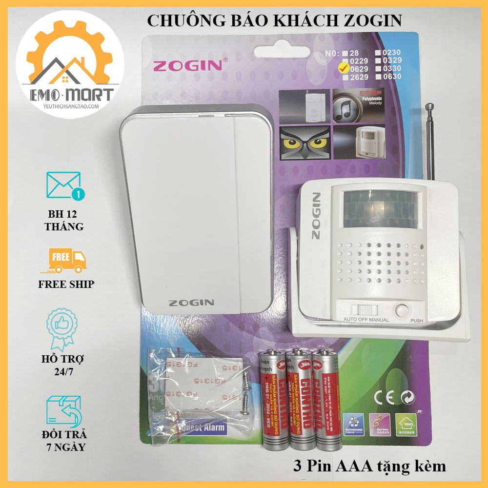 ⚡️𝗕𝗛 𝟭𝟮 𝗧𝗛𝗔́𝗡𝗚⚡️ Chuông Báo Khách ZOGIN ⚡️Kết nối không dây - Tặng kèm 3 pin AA - Cảm biến hồng ngoại ổn định chính xác
