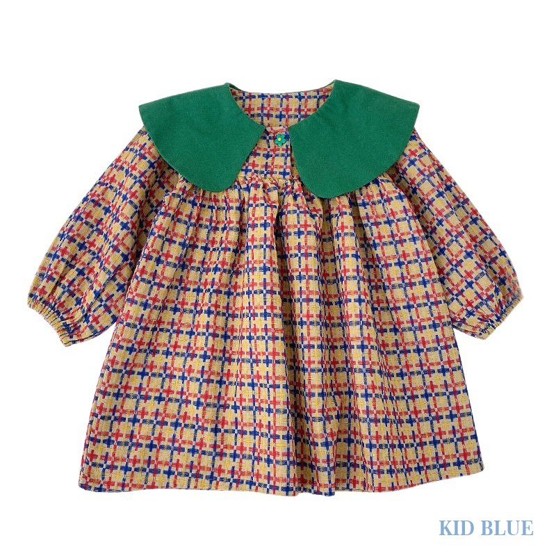 Đầm Công Chúa Dáng Suông Tay Phồng Kẻ Sọc Caro Nhiều Màu Cổ Điển Thời Trang Xuân Thu Phong Cách Hàn Quốc Cho Bé Gái