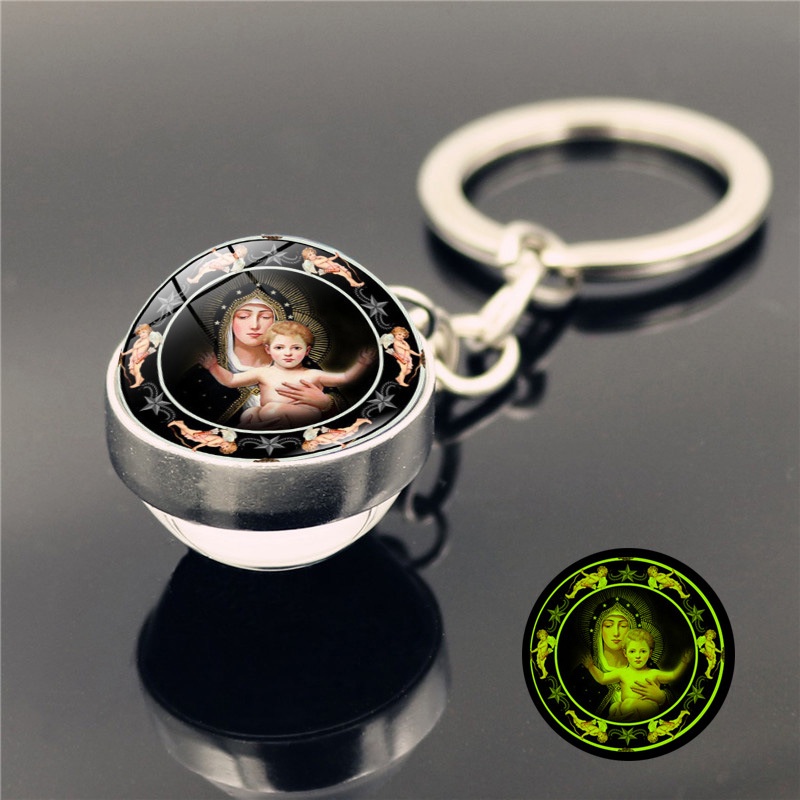 Móc Khóa Quả Cầu Thủy Tinh Cabochon Hai Mặt Phát Sáng Trong Bóng Tối In Hình Chúa Jesus