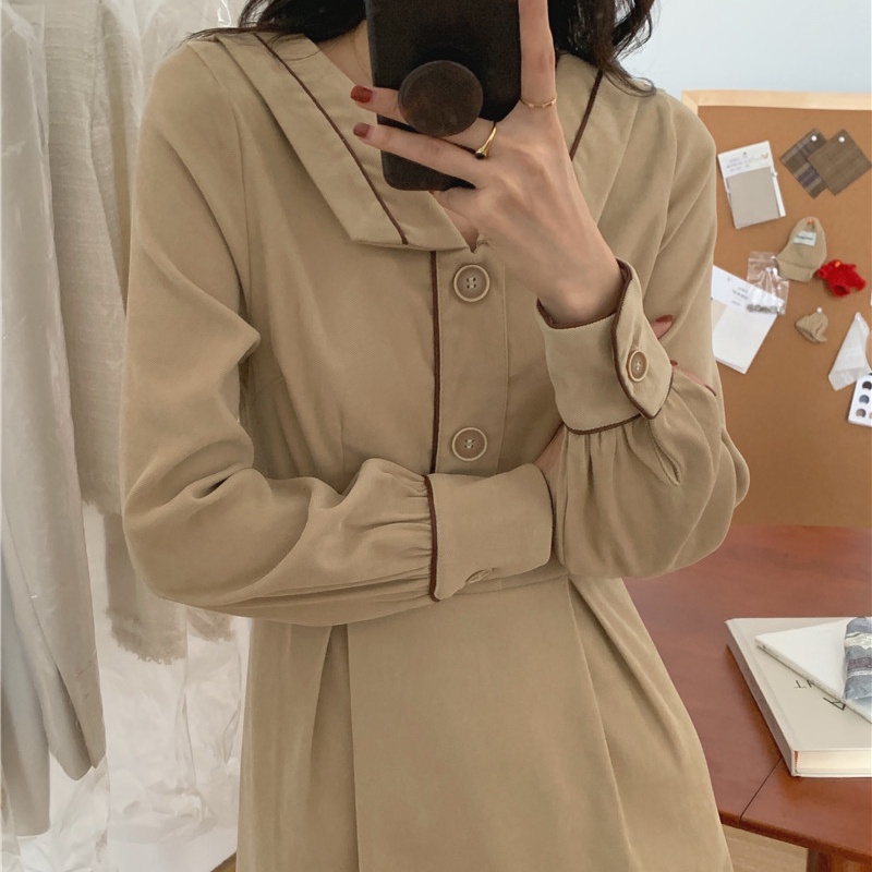 Đầm SUXI dáng chữ A cổ bẻ màu sắc vintage thời trang mùa thu phong cách Hàn Quốc