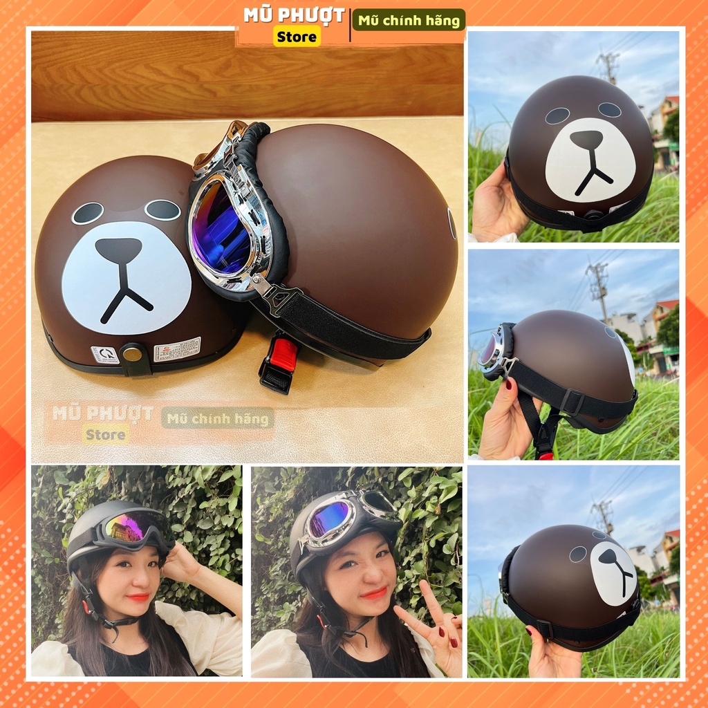 Mũ bảo hiểm nửa đầu 1/2 tem gấu nâu hàng chính hãng có kính phi công, kính uv, freesize