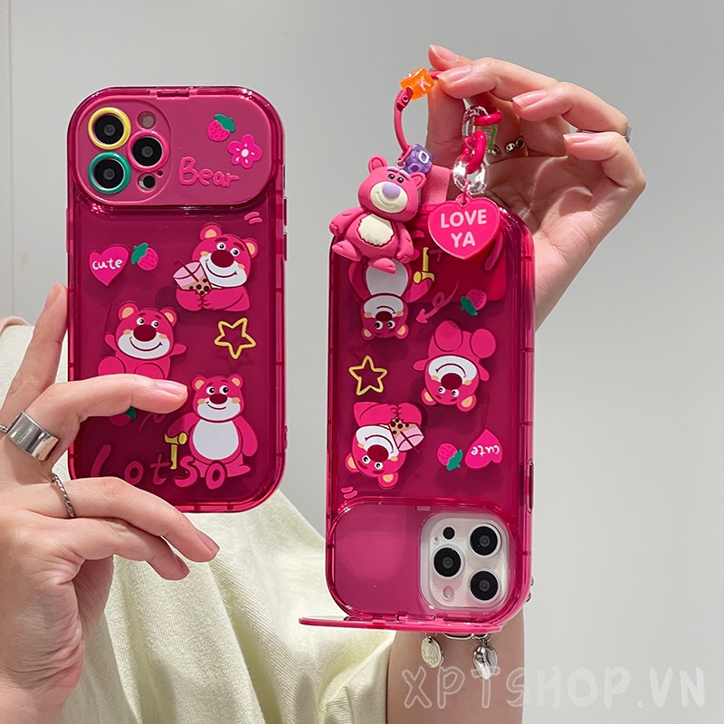 Ốp Điện Thoại Nắp Gập Tráng Gương Họa Tiết Gấu / Dâu Tây Cho iPhone 14ProMax 14Plus 13 12 11ProMax IX XR MAX