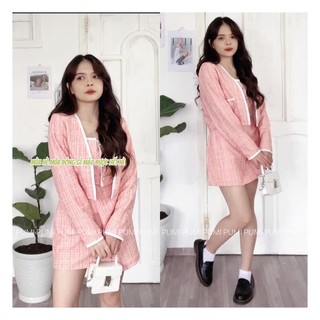 Set 3 món gồm áo 2s kèm áo khoác croptop và chân váy đắp chéo freesize Pumi
