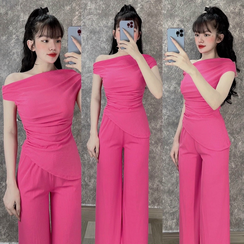 (FreeShip) Sét đồ bộ nữ,áo lệch vai nhún eo chéo tà cực sang mix quần ống suông,chất đẹp lên from xinh xĩu