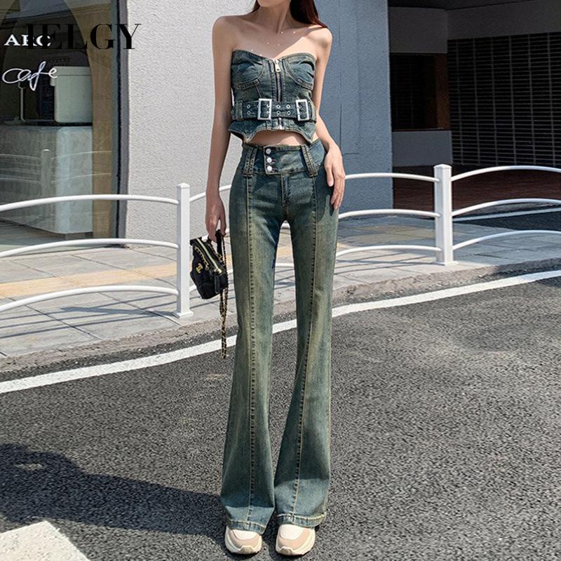 IELGY Quần denim Dài Co Giãn Màu Xanh Dương Phong Cách retro Dễ Phối Đồ Cho Nữ