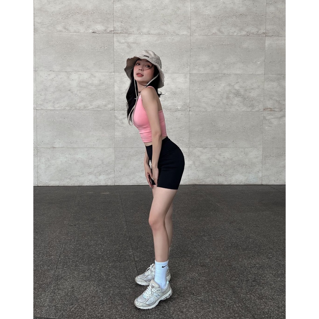 Bộ thể thao nữ Fitme áo bra tập gym Meta Hồng Pastel, quần legging đùi đen co giãn 4 chiều năng động thấm hút tốt