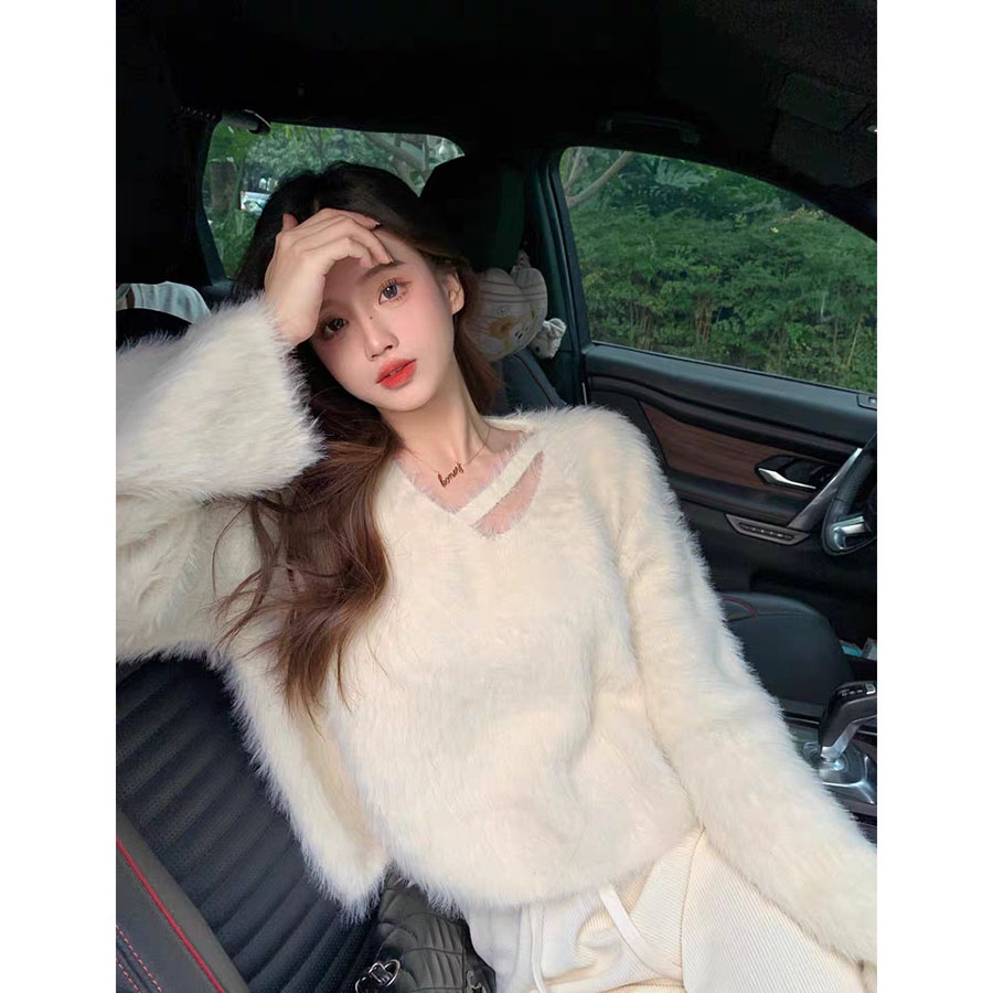 Áo Len Lông Thỏ Dáng Croptop Cổ Tim Dây Chéo Hàng Quảng Châu M858 - Lolla Fashion
