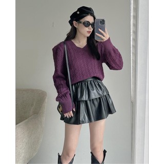 A9922 áo len cổ v tay dài có độn vai dáng croptop audrey