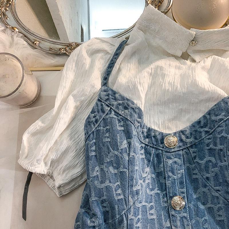 Bộ Đầm Yếm denim Hai Mảnh Thời Trang Mùa Hè 2022 Cao Cấp Phong Cách Pháp Dành Cho Nữ