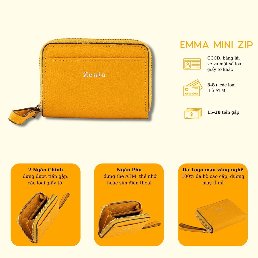 Ví Nữ Emma Mini Zip Da Epsom Màu Vàng Nghệ - Ví Cầm Tay Nữ Thời Trang, Nhiều Ngăn Zenio
