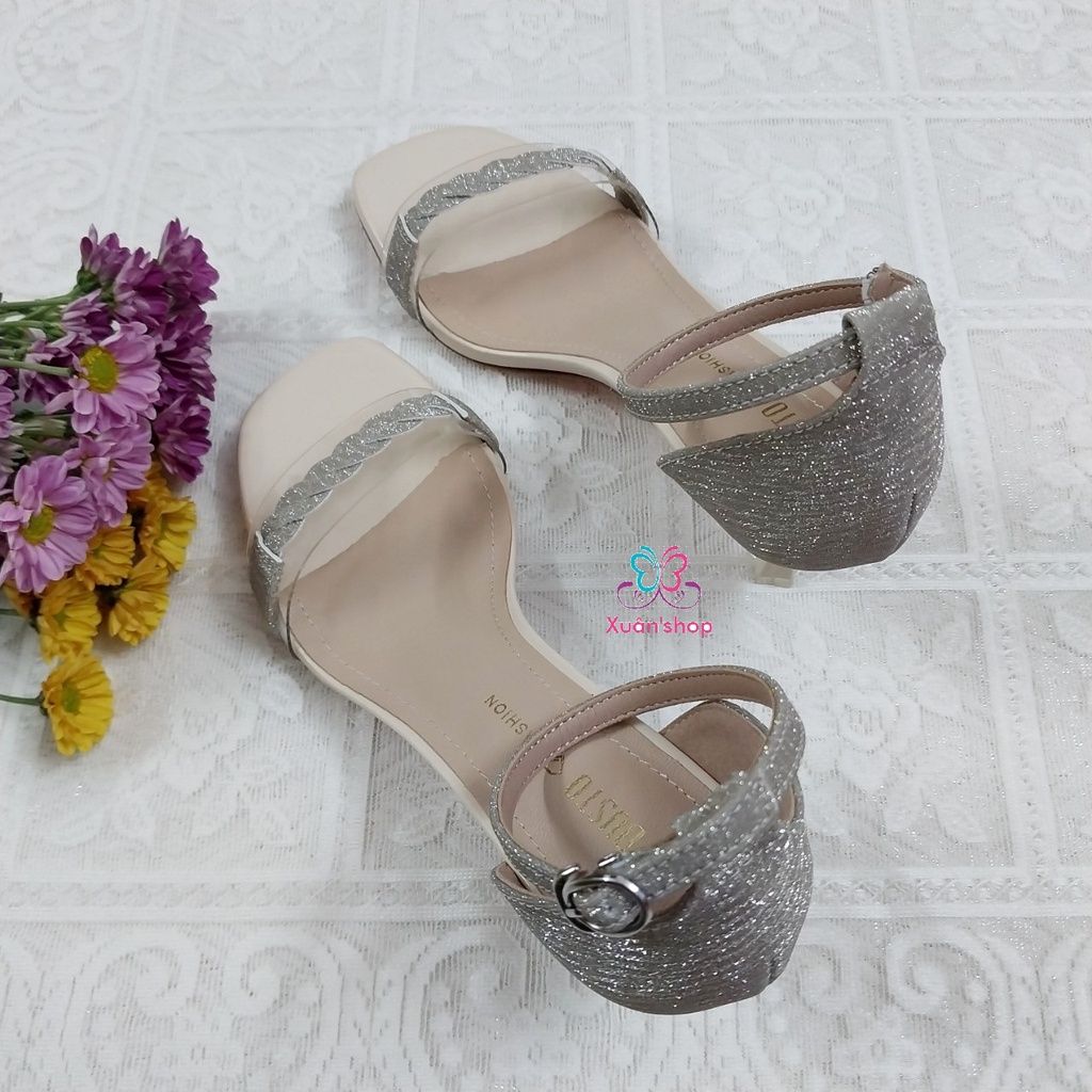 Giày sandal Dusto chất da phối ánh kim, gót nhọn 6cm