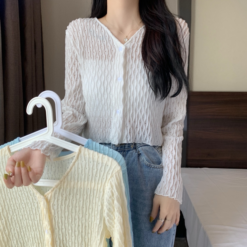 Áo Khoác Cardigan Tay Dài Phồng Xếp Ly Thời Trang Nữ Tính