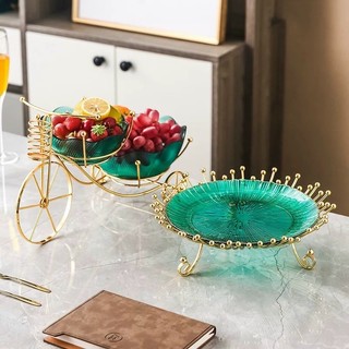 Khay đựng bánh kẹo, hoa quả thuỷ tinh xanh khung kim loại cao cấp