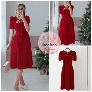 [Ảnh thật] Đầm midi nhung đỏ nơ cổ thắt dây lưng vintage