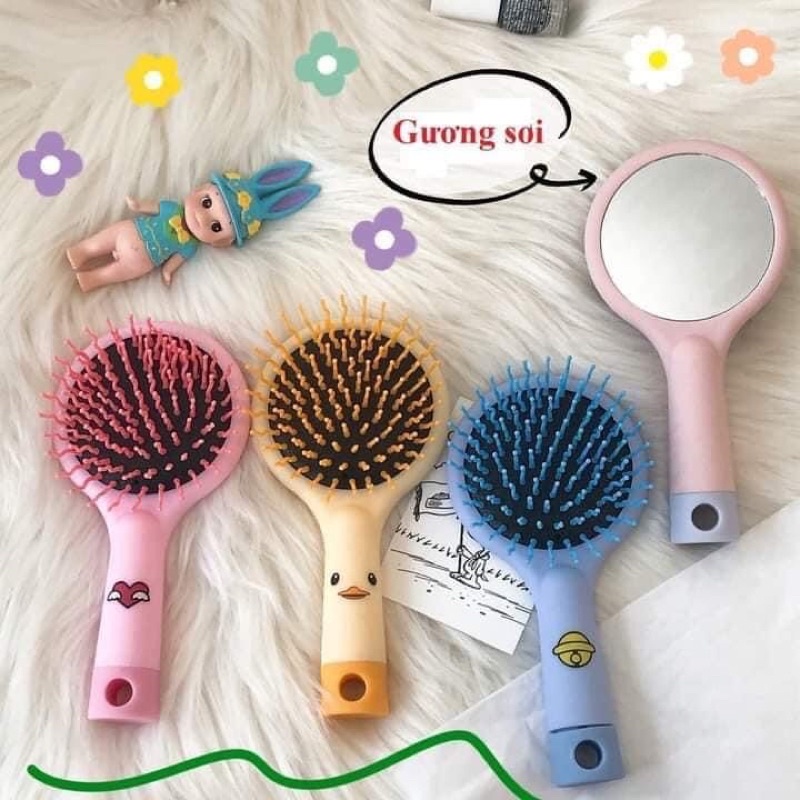 Lược kèm gương tay cầm hình thú - Lược mini bỏ túi chống rụng tóc, chải tóc xoăn, massage đầu dành cho nữ