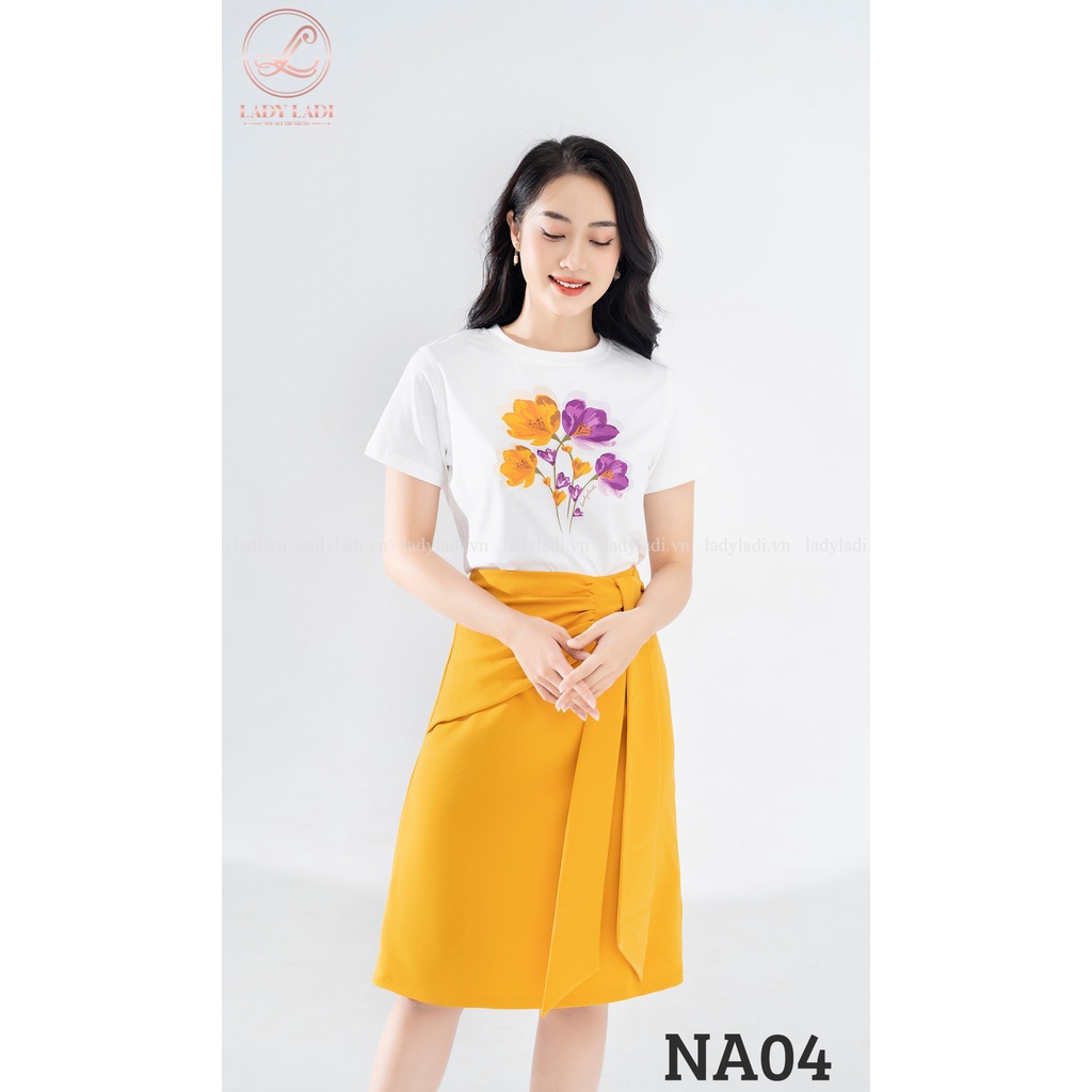 Áo phông áo thun cotton 100%, mềm mát, co giãn nhẹ phối chân váy midi vạt chéo màu vàng thanh lịch NA04, NCV04