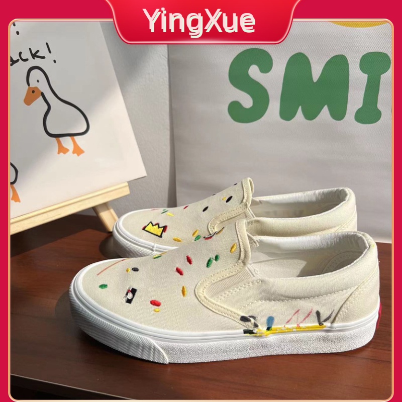 2022 Giày Slip On Bằng Vải Canvas Đế Phẳng Thêu Họa Tiết Vui Nhộn Phong Cách Hàn Quốc Dễ Phối Đồ Cho