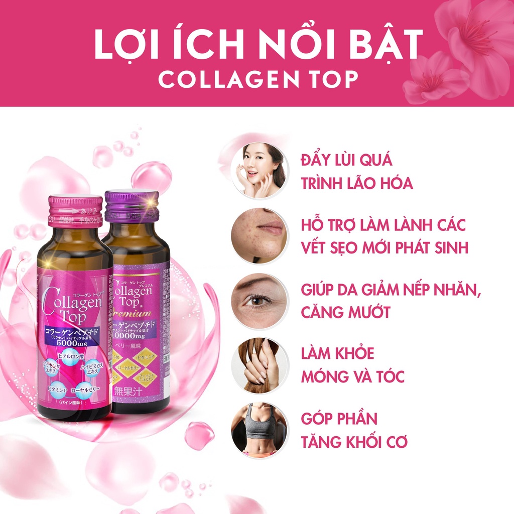 Nước uống Collagen Top SHINNIPPAI Nhật Bản giúp da căng mịn, chống lão hóa hộp 10 chai 50ml