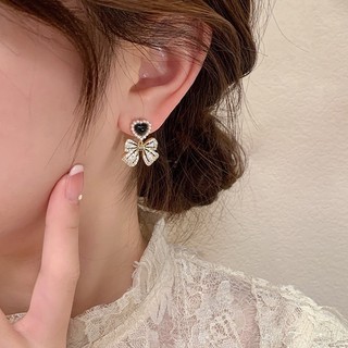 (Chuôi bạc 925) E95 Khuyên tai bông tai nữ nơ đen thả đính ngọc sáng đẹp Ring House