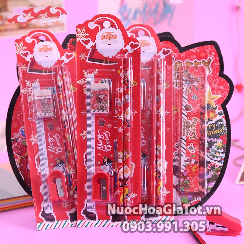 Set combo 5 món bút chì chuốc tẩy gôm thước quà tặng noel noen giáng sinh trẻ em mầm non bé trai gái nam nữ