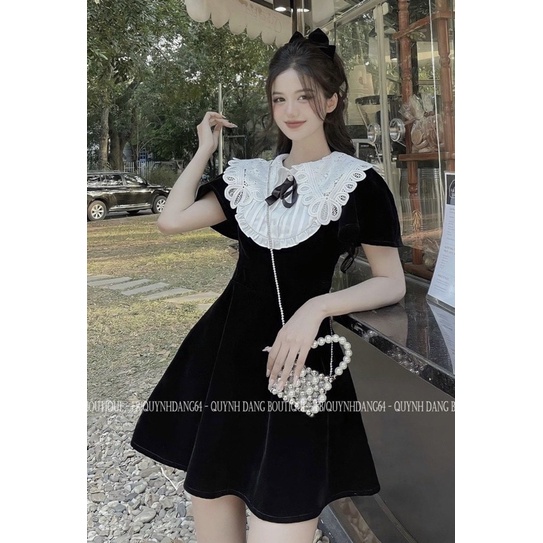 váy nhung cổ ren- vừa teen - vừa sang chảnh