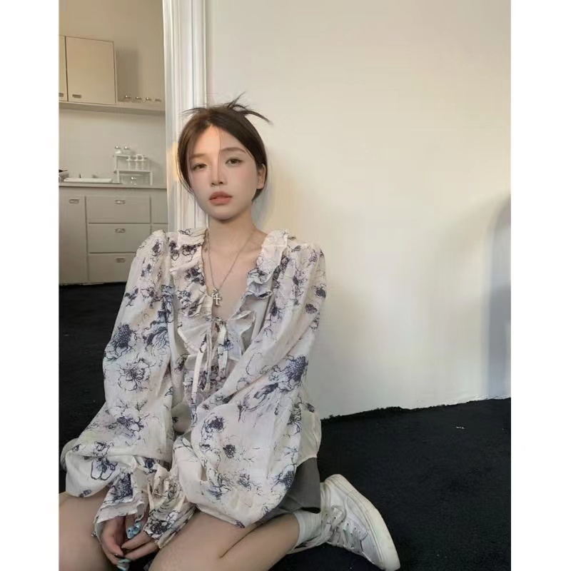 Áo Sơ Mi Tay Dài Cổ Chữ v Form Rộng In Họa Tiết Thời Trang Hàn Quốc