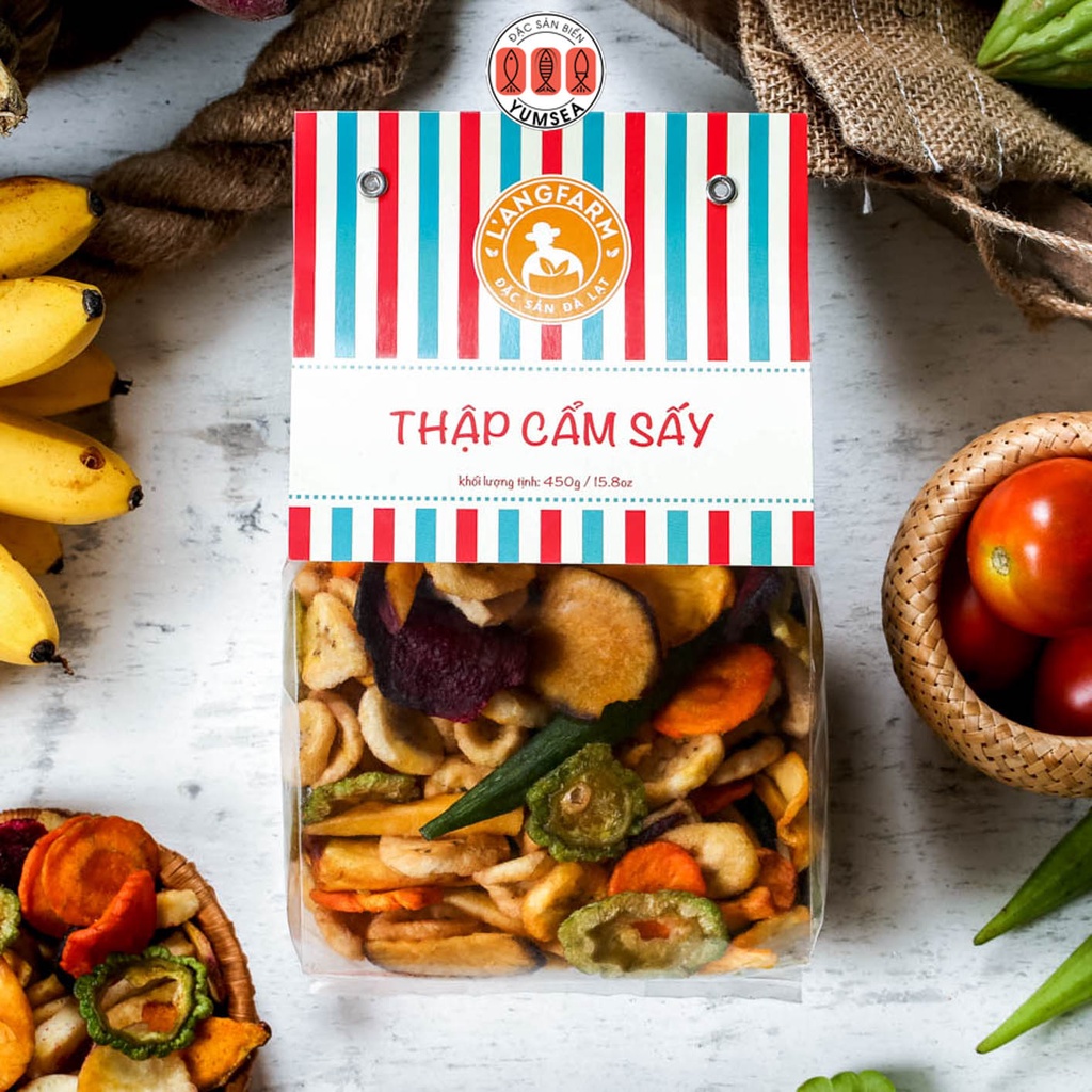 Thập cẩm sấy giòn L'angfarm, dòng phổ thông, 450g, bịch, mẫu nhãn kẹp