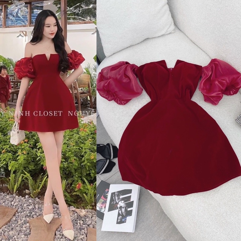 Đầm nhung đỏ cúp ngực hở bẹt trễ rớt vai tay tơ bồng phồng, váy ngắn hotgirl xoè nhẹ sang trọng dự tiệc đi chơi noel tết