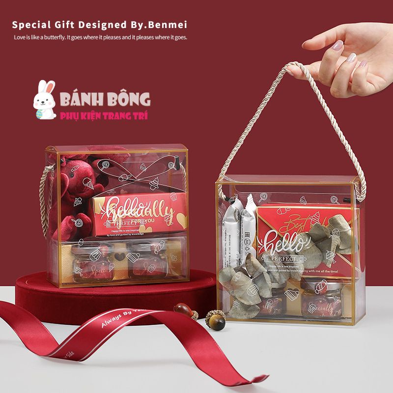 Hộp Quà Tặng Mica Nhựa 14x7 có quai xách Hộp Mèo Thần Tài đựng Bánh Dứa Quà Tết, Túi zip Túi Giấy Mặt Kính đựng Bánh kẹo
