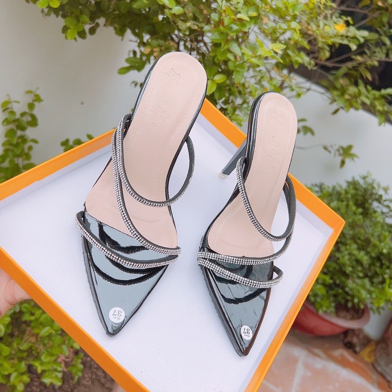 👠Ảnh Thật👠 Dép cao gót quai mảnh đá chéo mũi nhọn gót nhọn 9cm