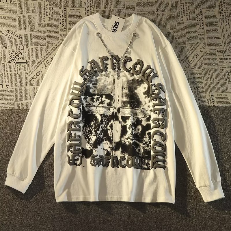 Áo Thun Tay Dài Dáng Rộng In Chữ Thập Phong Cách Âu Mỹ Thời Trang Cho Nam