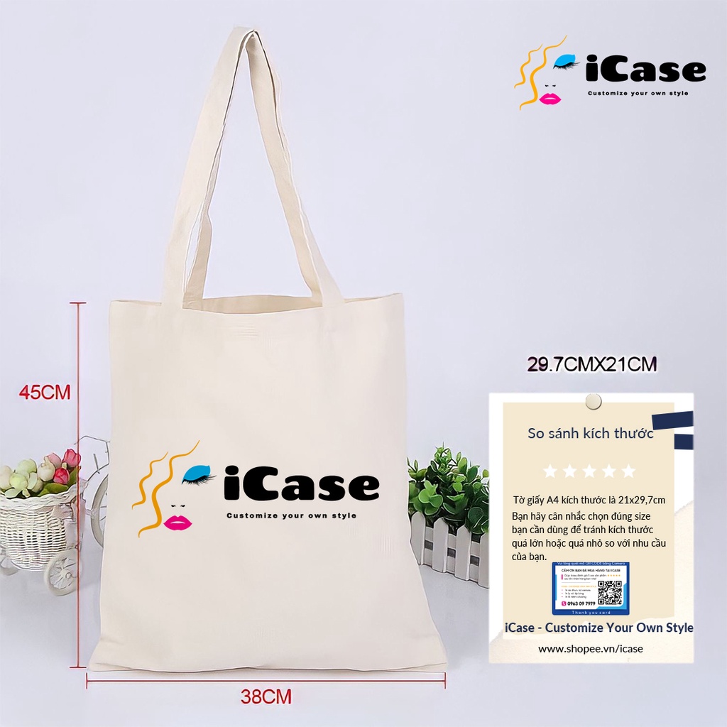 Túi vải Canvas màu đen iCase in logo theo yêu cầu kích thước 31x36cm