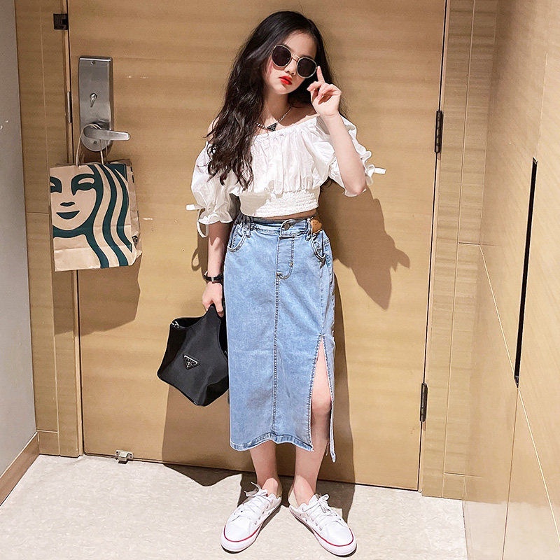 Set Áo Thun Tay Ngắn + Chân Váy Denim Phong Cách Mùa Hè Mới Cho Bé Gái 3-5 - 8-10 - 12-13 Tuổi/083