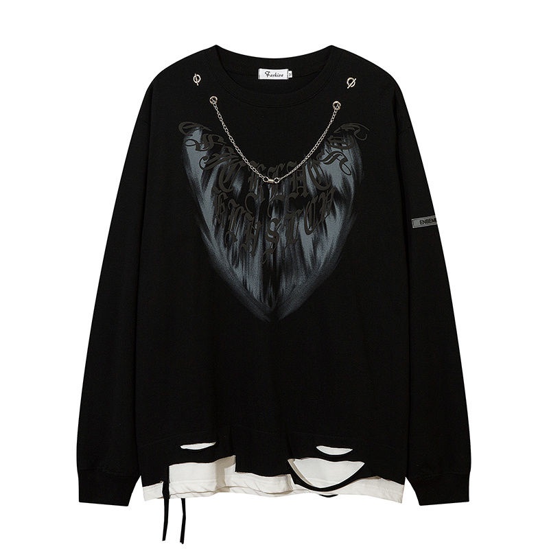 Áo Sweater Tay Dài Thiết Kế Rách Phối Dây Xích Phong Cách Hip Hop Âu Mỹ Cá Tính Cho Nam