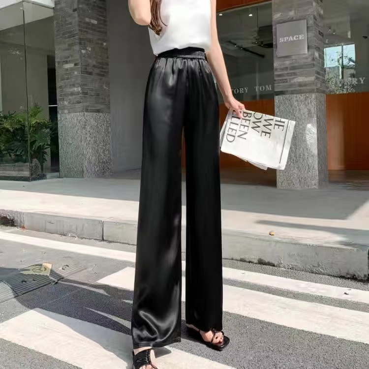 Quần Dài Lưng Cao Ống Rộng Vải Lụa Satin Màu Sắc Đơn Giản Thời Trang Mùa Hè Cho Nữ