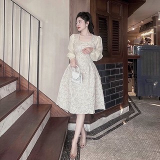 VÁY GẤM LI EO CỔ VUÔNG CÓ LÓT PHỐI