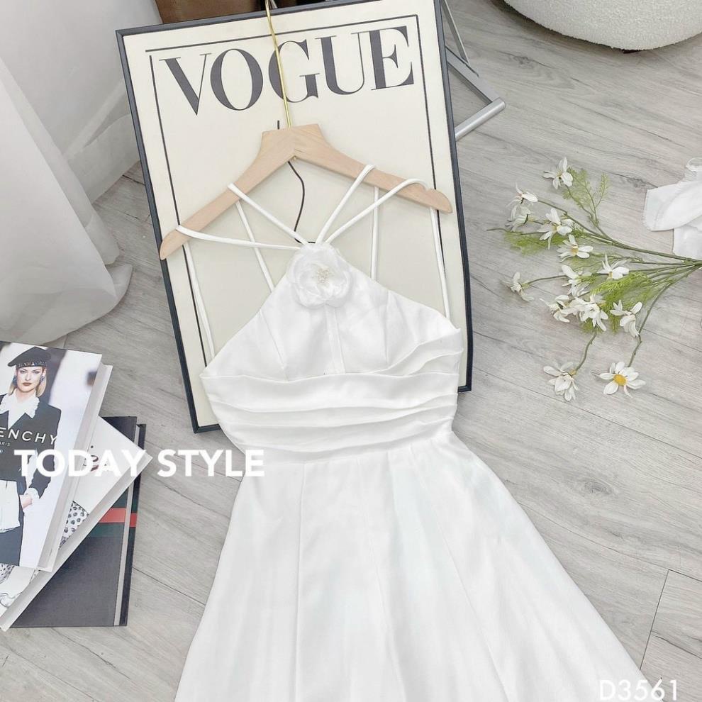 Đầm maxi đỏ cổ yếm tag hoa cổ váy dáng dài xòe dự tiệc chéo dây hở lưng 3 màu đen trắng mẫu nhã Queen