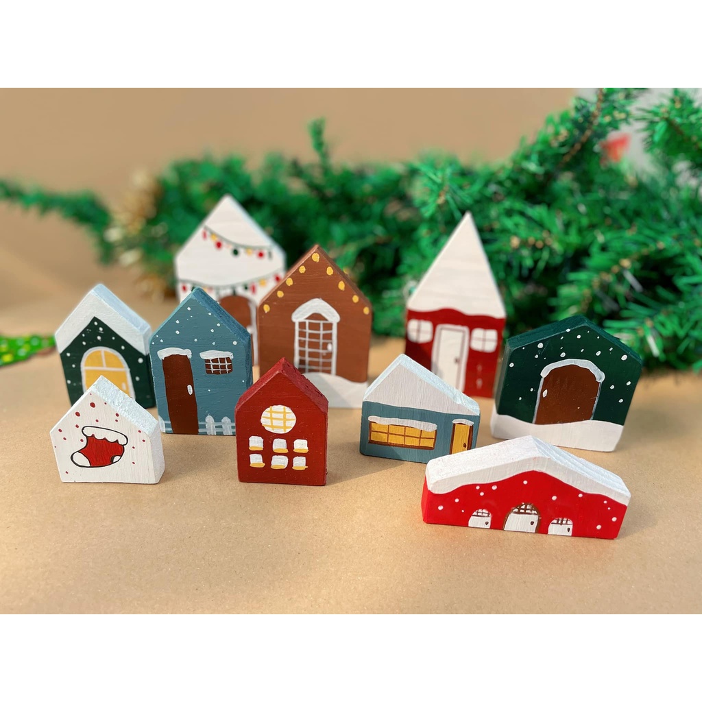Set 10 ngôi nhà nhiều kích thước gỗ trang trí Noel để bàn từ gỗ thông siêu xinh